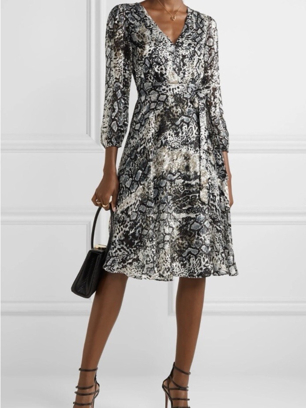 Alice + Olivia Black, White and Gray Python-Print Wrap Midi Dress